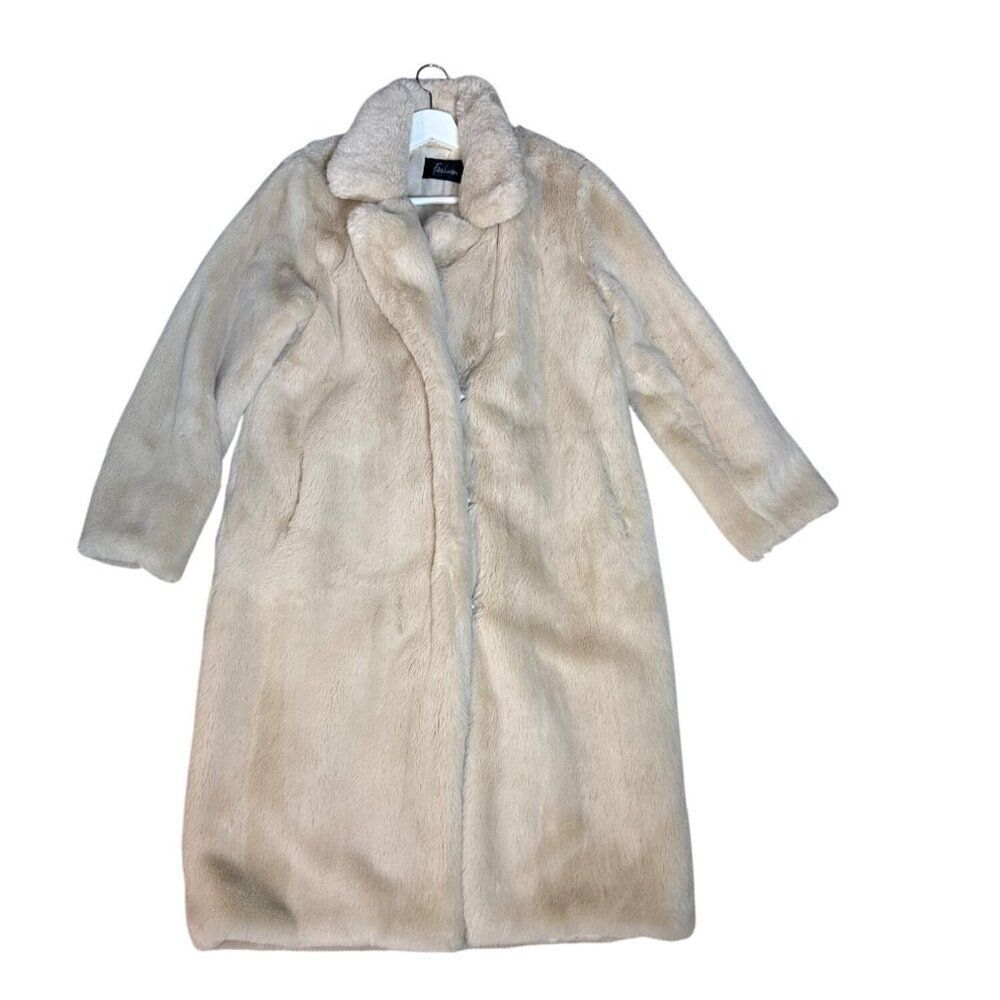 Faux Fur Beige Full-Length Coat Womens M